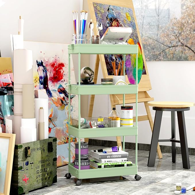 SPACELEAD 4 Tier Rolling Cart with Wheels, Storage Craft Art Trolley Organizer Serving, 3 Hanging Baskets Easy Assembly, for Office, Living Room, Kitchen