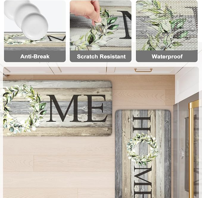 KIMODE Anti Fatigue Mats for Kitchen Floor,Farmhouse Rugs Sets of 2,Cushioned Carpet Non Slip for Laundry,Wide Memory Foam Runner for Sink Office,Grey 20"x47"+20"x32"
