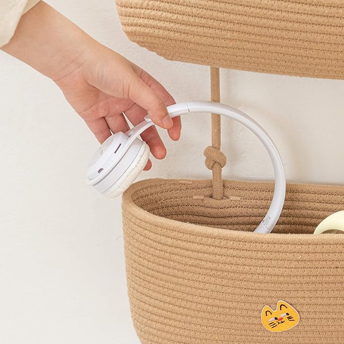 TeoKJ Over the Door Hanging Basket, 3-Tier Woven Cotton Wall-Mounted Storage Organizer Bag Decorative Hanging Nursery Baskets, Jute