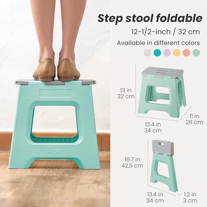 Vigar Compact Folding Step Stool - 12-1/2 Inch Foldable Step Stool for Adults, Lightweight Portable Stool with Handle, Non Slip Step Stool, Space-Saving Stool up to 330 lb - Light Turquoise