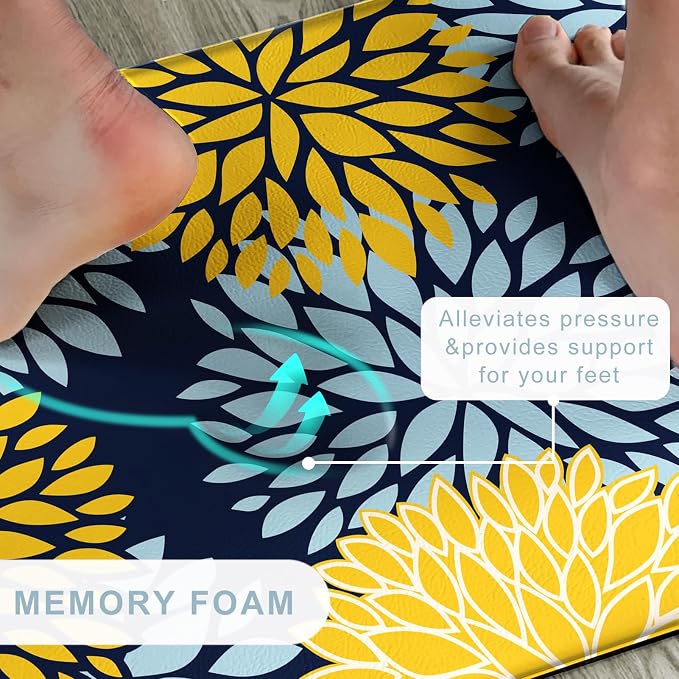Kitchen Mats Set of 2 Cushioned Anti Fatigue Kitchen Rugs Non Slip Waterproof Kitchen Runner Memory Foam Floor Mat Comfort Standing Mat for Sink,Office,Laundry, Navy Yellow