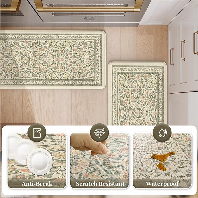 KIMODE Anti Fatigue Kitchen Mats for Floor, Boho Floral Kitchen Rugs Sets of 2, Cushioned Kitchen Floor Mats Non Slip, Comfort Spring Rugs for Kitchen Floor Sink Laundry Desk Beige 17.3"x29"+17.3"x47"