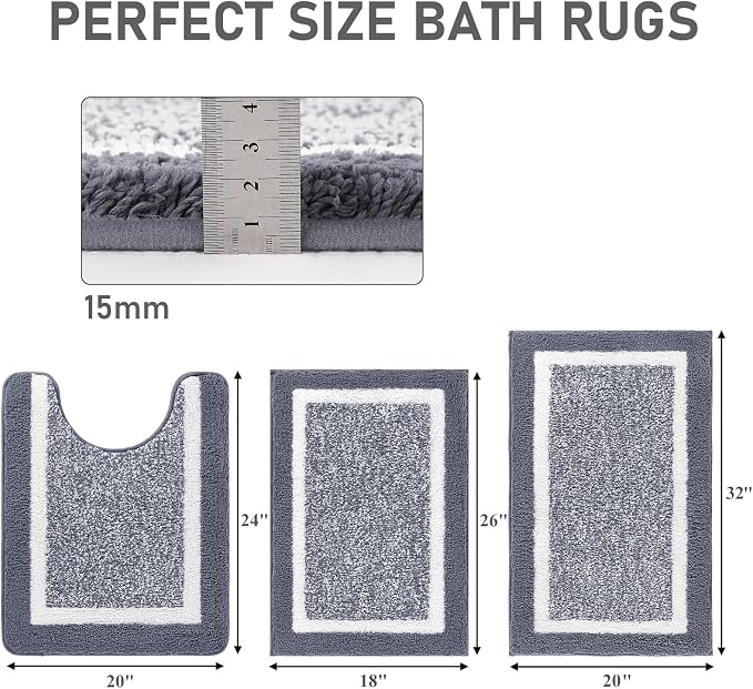 Pauwer Bathroom Rugs Sets 3 Piece Bathroom Shower Rugs with U-Shaped Contour Toilet Mat Absorbent Microfiber Plush Bath Mats Non Slip Bath Rugs Machine Washable Shaggy Bath Floor Mats