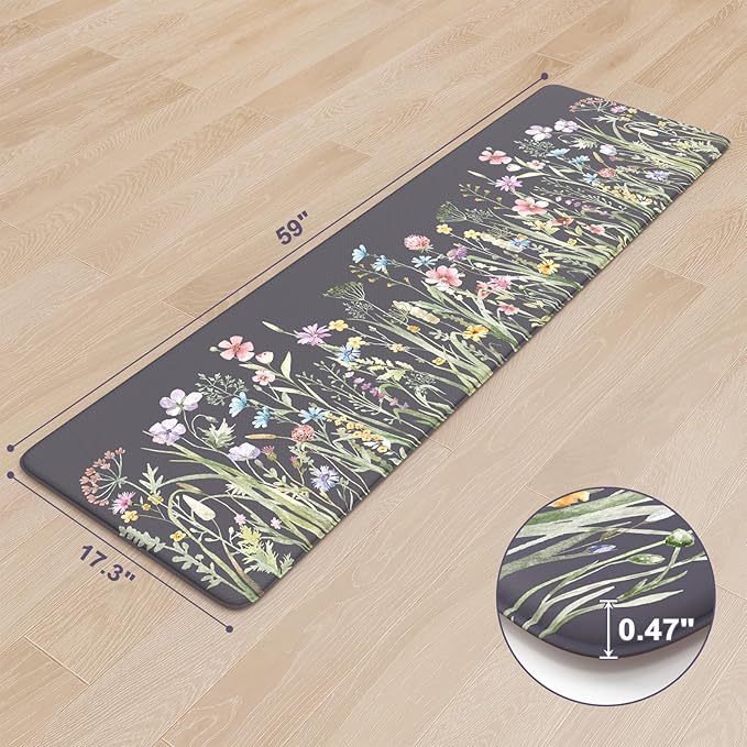 KIMODE Anti Fatigue Floor Mat, Cushioned Farmhouse Runner Rug, Non Slip, Memory Foam for Kitchen, Laundry, Office, Sink Dark Gray/Purple 17.3"x59"