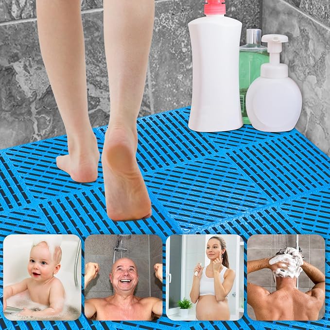 ToLanbbt Modular Interlocking Cushion 12P 11.8" x 11.8" Interlocking Rubber Floor Drain Holes Non-Slip Splicing Drainage Mats for Deck, Shower, Kitchen, Drain Pool, Sauna Bath (Blue, Diagonal)