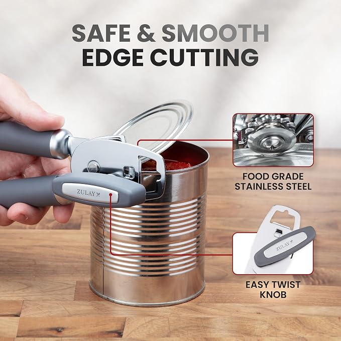 Zulay Kitchen Heavy Duty Stainless Steel Can Opener Manual with Bottle Opener - Rust Proof Manual Can Opener With Turn Knob & Comfy Soft Grip Handles - Gray