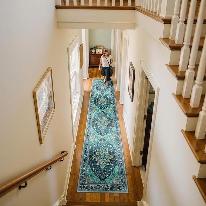 RELEANY Area Rugs Runner 2'x10' Washable Non-Slip, Floral Vintage Distress Medallion Carpet for Kitchen Hallway Bedroom Beside Laundry Room Bathroom, Teal Green Lake Blue Turquoise