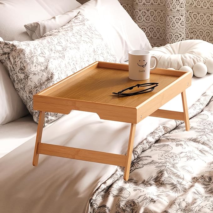 Fibogollo 4 Pack Bamboo Bed Tray Table with Folding Legs,Breakfast Trays,Serving Tray for Food and Snack,Laptop Trays for Working(Natural)