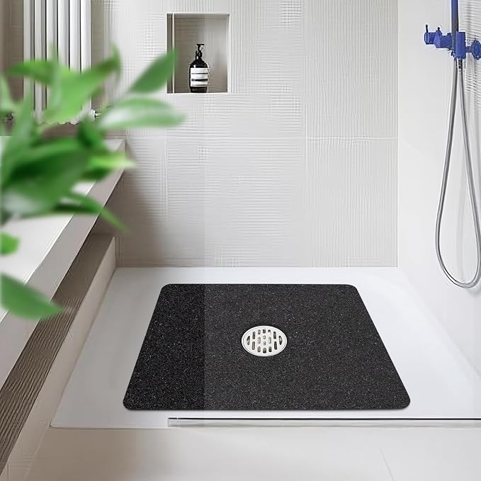 HITSLAM Square Shower Mat, 40 x 40 Inch Non Slip Bath Mat for Tub, Soft PVC Loofah Bathtub Mats with Drain Holes, Quick Drying Bathroom Stall Floor Mat, Bathroom Accessories Without Suction Cup, Black