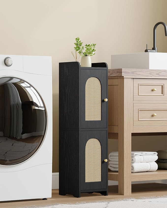 Hzuaneri Bathroom Storage Cabinet, Small Corner Floor Cabinet with 2 Doors and Adjustable Shelf, Narrow Toilet Paper Cabinets, Bathroom Organizer for Small Spaces, 7.9"D x 7.9"W x 29.5"H Rattan Black