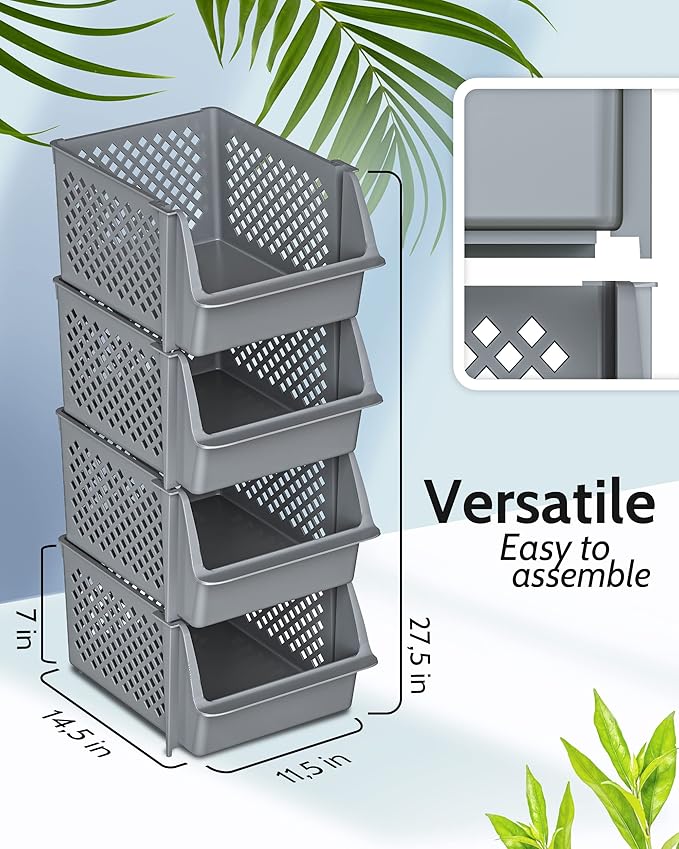 TidyFriend 4 Pack Stackable Storage Bins Open Front for Pantry Organizers and Storage, Pantry Storage for Food, Kitchen and Home Organization, Plastic Storage Bins, Dorm Room Essentials (Grey)