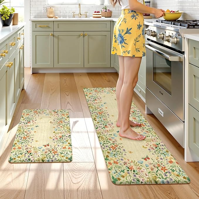 KIMODE Anti Fatigue Kitchen Mats for Floor 20"x59"+20"x32", Cushioned Farmhouse Kitchen Rugs, Non Slip Waterproof Kitchen Floor Mats, Comfort Standing Mats for Laundry Office Sink Desk Brown