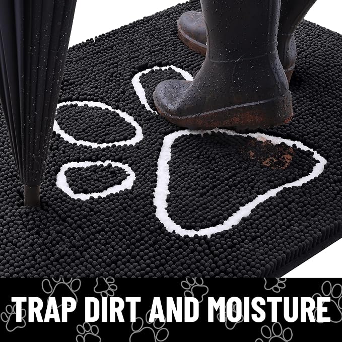 Smiry Dog Door Mat for Muddy Paws, Absorbent Dirt Trapper Non Slip Quick Dry Washable Chenille Mat for Mud Dogs, Entry Rug for Indoor and Outdoor (34x21 Inches, Black and White)