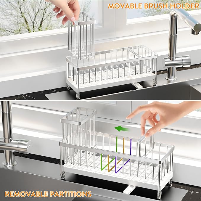 Cisily Sponge Holder for Kitchen Sink, Sink Caddy Organizer with High Brush Holder, Kitchen Countertop Organizers and Storage Essentials, Rustproof 304 Stainless Steel (Large Silver, 10.62″)