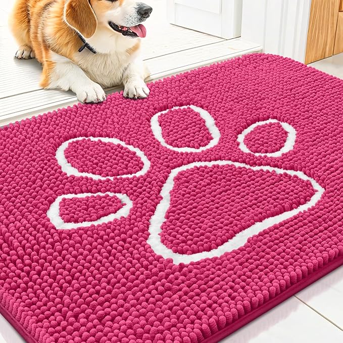Smiry Dog Door Mat for Muddy Paws, Absorbent Dirt Trapper Non Slip Quick Dry Washable Chenille Mat for Mud Dogs, Entry Rug for Indoor and Outdoor (30x20 Inches, Hot Pink and White)