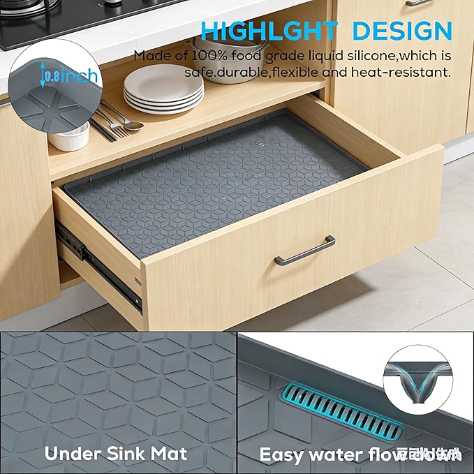 Under Sink Mat 10"x16" Under Sink Mats for Kitchen, Silicone Waterproof Under Sink Liner, Sink Cabinet Organizer Tray with Drain Hole