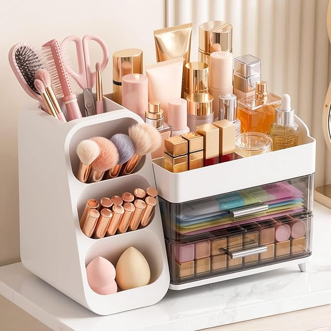 Large Capacity Makeup Organizer Countertop with Makeup Brush Holder for Vanity, Thickened Material, Bathroom Countertop Organizer Skin Care Perfumes Storage, Teen Girl Gifts for 12-23 Year（white）