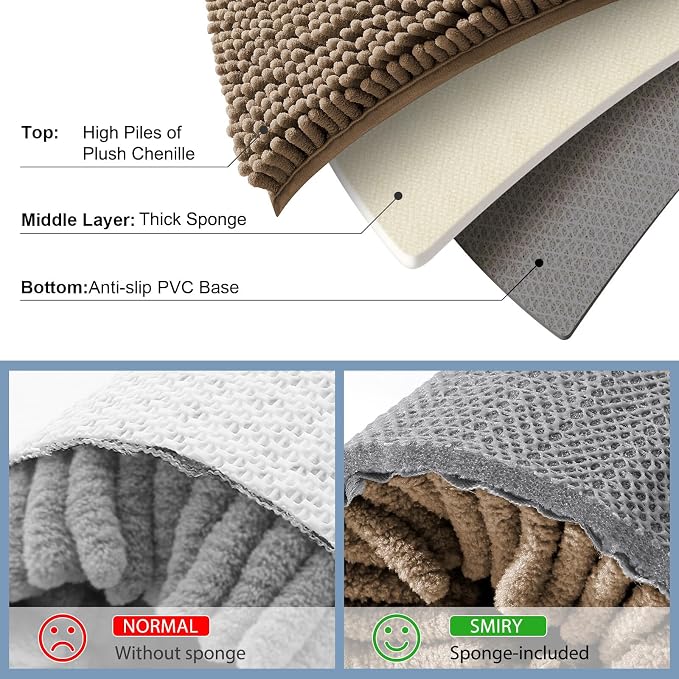 Smiry Luxury Chenille Bathroom Rugs 24x16, Extra Soft and Absorbent Shaggy Bath Mat, Machine Washable, Non-Slip Plush Carpet Runner for Tub, Shower, and Floor, Home Decor Accessories, Camel
