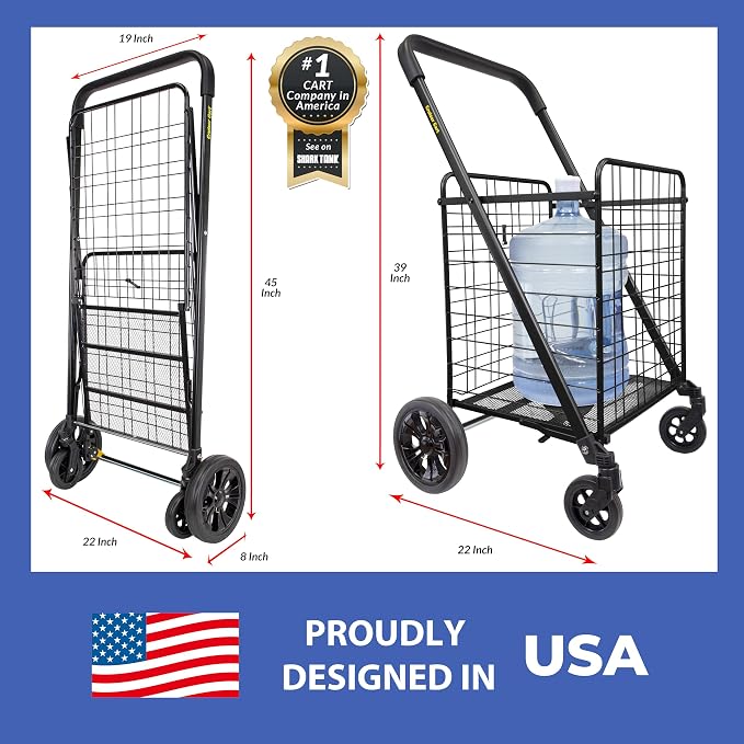 dbest Products Cruiser Cart Deluxe 2 Shopping Grocery Rolling Folding Laundry Basket on Wheels Foldable Utility Trolley Compact Lightweight Collapsible, Black
