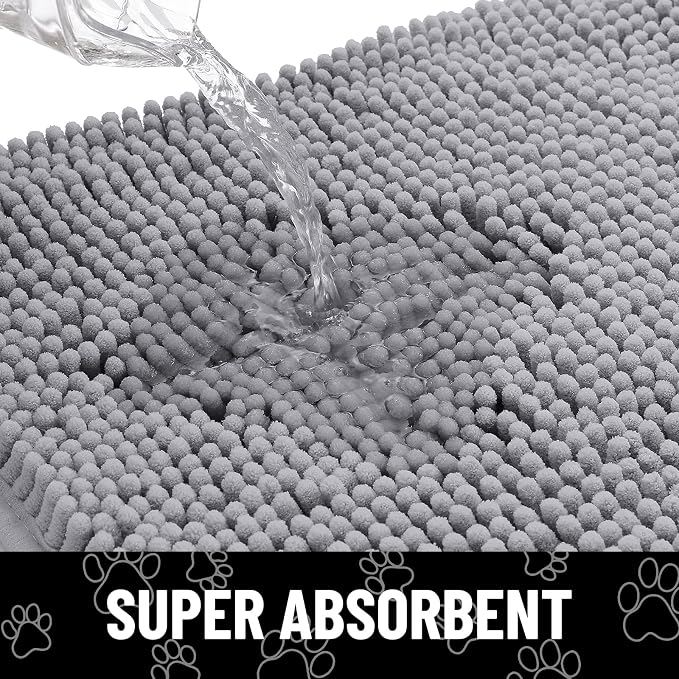 Smiry Dog Door Mat for Muddy Paws, Absorbent Dirt Trapper Non Slip Quick Dry Washable Chenille Mat for Mud Dogs, Entry Rug for Indoor and Outdoor (48x30 Inches, Grey and White)