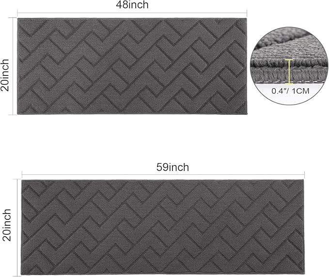 hicorfe Kitchen Runner Rugs and Mats Sets,2 Pieces Absorbent Non-Slip Kitchen Rug,Comfort Kitchen Mat for Floor,Washable for Kitchen,Hallway,Office,Sink,Laundry(20"x59"+20"x48",Grey)