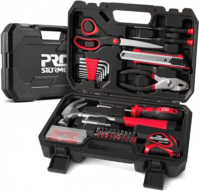 Prostormer 93-Piece Tool Kit, Basic Household Repair Tool Set with Toolbox Storage Case, Small Starter Tool Box Kit for Homeowners and College Students (Red)