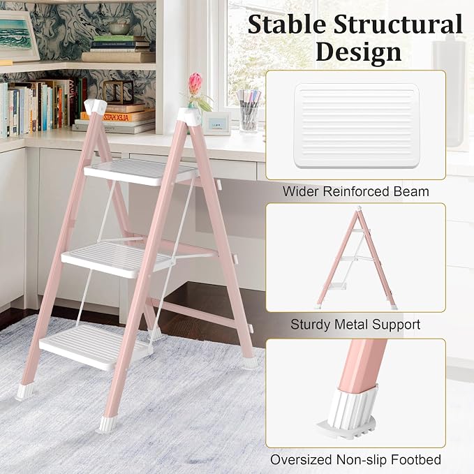 DIAMONDFORGE 3 Step Ladder, Folding Step Stool with Anti-Slip Wide Pedal, Anti-Slip Feet, Sturdiest Steel Construction, 330lbs Capacity Steel Ladder for Home and Office, Pink White