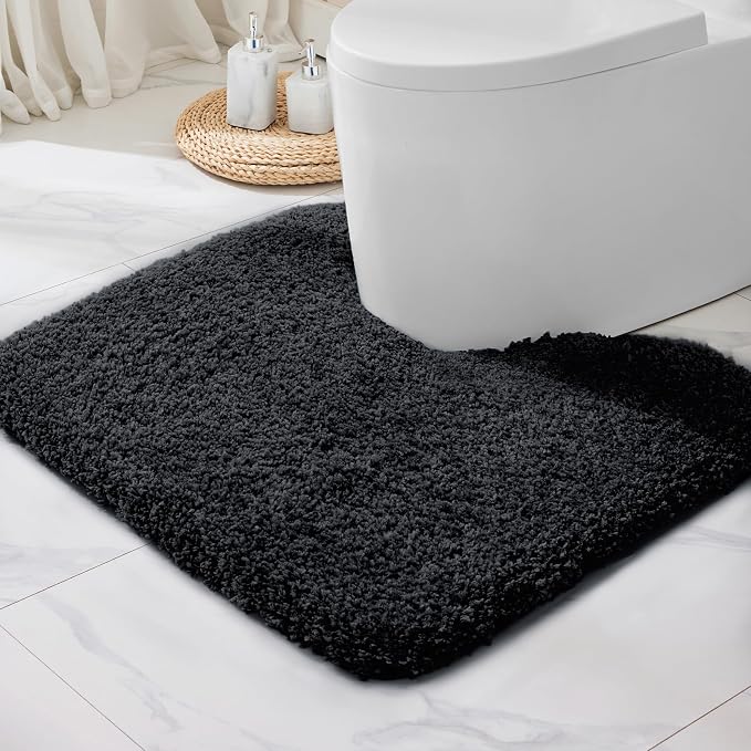 Disolla Toilet Mat 22x24 Black - Non Slip Fluffy U-Shaped Contour Rug, Ultra-Soft Plush Toilet Floor Mat, Absorbent & Machine Washable