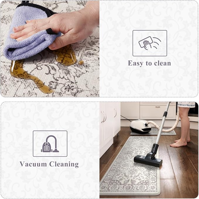 KIMODE Comfort Kitchen Floor Mats Cushioned Anti Fatigue,Boho Vintage Floral Kitchen Rugs Sets of 2,Ergonomic Memory Foam Carpet Non Slip for Sink Laundry Office,Purple Grey 17"x29.5"+17" x47”