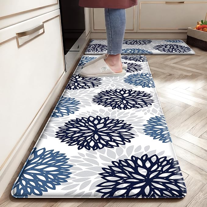 Kitchen Mats Set of 2 Cushioned Anti Fatigue Kitchen Rugs Non Slip Waterproof Runner Memory Foam Kitchen Floor Mat Comfort Standing Mat for Sink, Office, Laundry, Navy Teal
