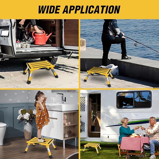 Nilight RV Step Stool Portable Folding Aluminum Platform Steps with Handle 16.5x11.8 Anti-Slip Surface Adjustable Height Step with Rubber Feet Support Up to 500lbs for Camping Travel Trailer (Yellow)
