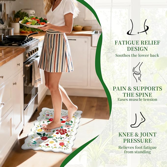 Kitchen Rugs Set of 3, White Vintage Floral Scalloped Anti Fatigue Mats, Cushioned Non Slip PVC Floor Rugs, Comfort Standing Kitchen Floor Mats for Sink Laundry Office Home, 18x30, 18x48, 18x60 Inch