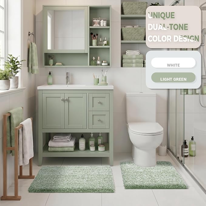 Yimobra Bathroom Rugs for Home Essentials, Non Slip Washable Bath Mat, Soft Water Absorbent Plush Shower Rug for Bathroom Floor, Bath Decor Accessories, 24X17, Light Green White