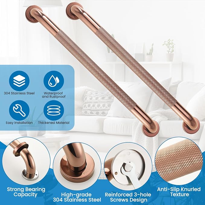 Grab Bars for Shower, Zynuhmo 2 Pack 24 Inch Anti Slip Safety Grab Bar 1.25" Diameter Stainless Steel Shower Handrails for Handicap Injury Pregnant Senior Assist Bath Shower Handles(Rose Gold)