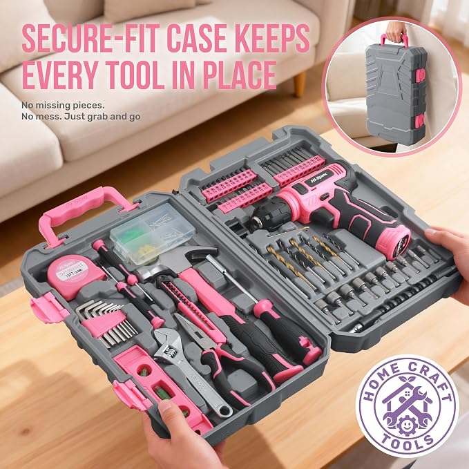 Hi-Spec Pink Tool Set with 8V Drill Set. Complete Cordless & Rechargeable USB Electric Drill Driver Kit for Women, Home DIY Repair & Maintenance, in a Compact Toolbox.