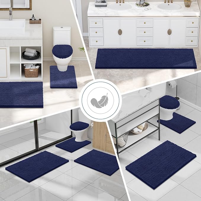 Smiry Luxury Chenille Bathroom Rugs 47x17, Extra Soft and Absorbent Shaggy Bath Mat, Machine Washable, Non-Slip Plush Carpet Runner for Tub, Shower, and Floor, Home Decor Accessories, Navy Blue