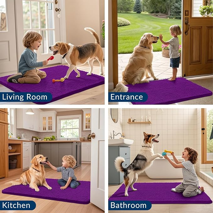 Smiry Dog Door Mat for Muddy Paws 40x32, Absorbent Dirt Trapper, Non-Slip Washable Chenille Entryway Rug for Inside Floor, Purple, Classic Solid