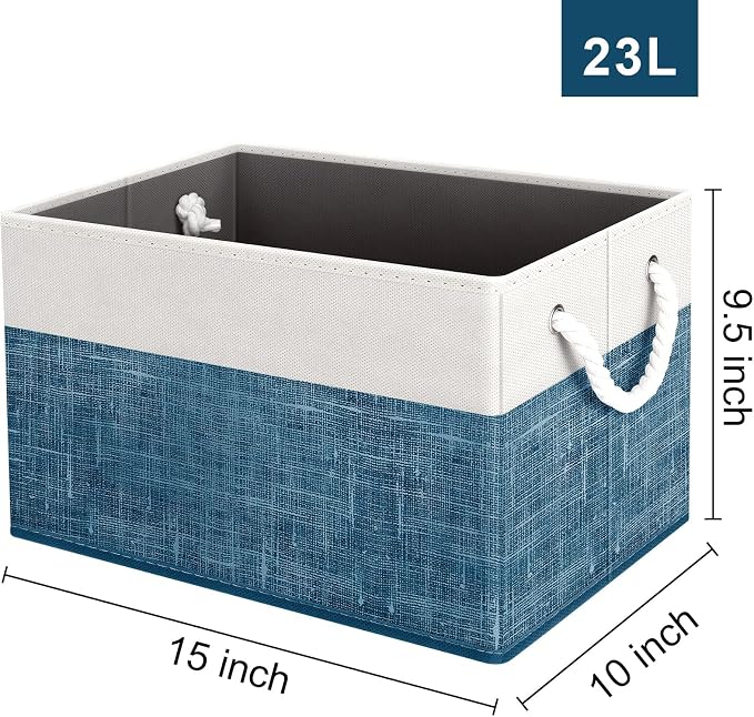 Fab totes Storage Bins 6-Pack, Foldable Storage Baskets for Organizing Toys, Books, Shelves, Closet, Large Storage Box with Rope Handles, Sturdy Organizer Bins, White & Blue
