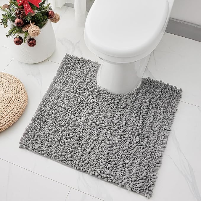 Toilet Rugs U-Shaped Mat 24x24, Contour Bathroom Mat - Ultra Soft & Absorbent Chenille, Quick-Dry, Machine Washable with Non Slip Barrier Backing, Grey