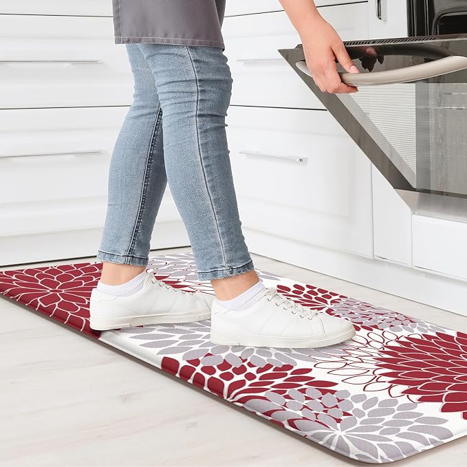 KIMODE Anti Fatigue Kitchen Mat 17.3"x29", Farmhouse Dahlia Padded Kitchen Floor Mats Non Slip, Waterproof Kitchen Mat for Floor, Comfort Standing for Laundry, Office, Sink, Desk Red and Grey