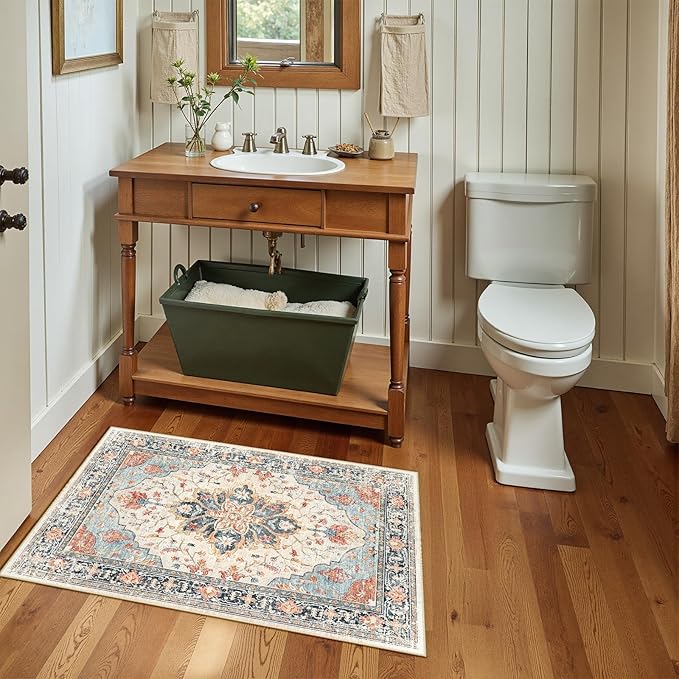 RELEANY Area Rugs Small 2'x4' Washable Non-Slip, Floral Vintage Distress Medallion Carpet for Kitchen Entryway Bathroom, Beige Navy Blue Orange Colorful