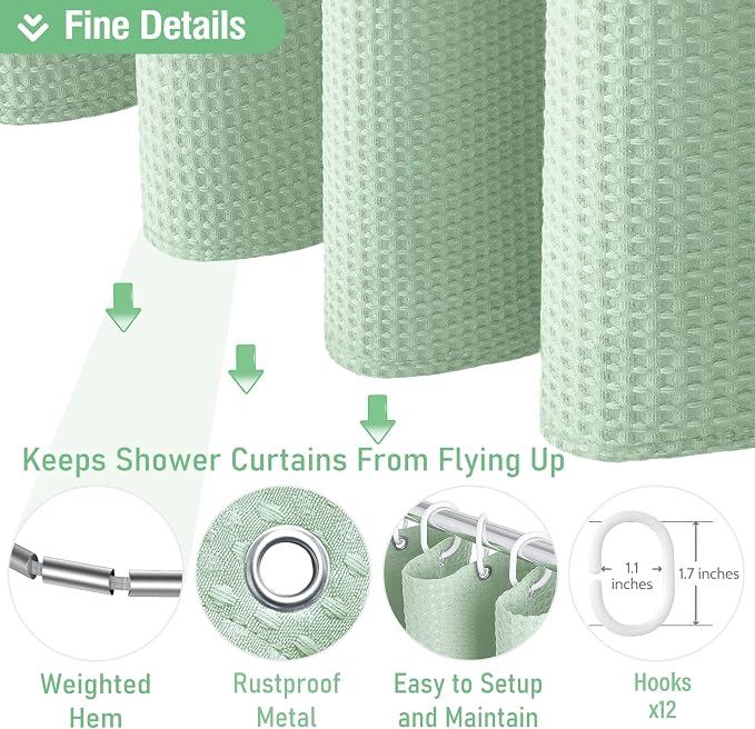 Dynamene Mint Green Fabric Shower Curtain - Waffle Weave Textured Heavy Duty Cloth Shower Curtains for Bathroom, 256GSM Hotel Luxury Weighted Bath Curtain Set with 12 Hooks,72x72, Mint Green