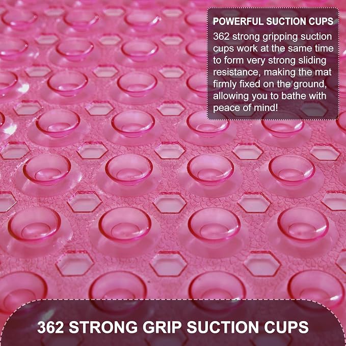 TEESHLY Bath Tub Shower Mat, Non Slip Bathtub Floor Liner Mats with Suction Cups and Drain Holes, Machine Washable Bathmat for Bathroom Floor Safety, 40 x 16 Inch, Clear Burgundy