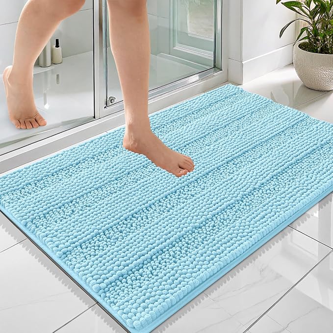 OLANLY Thick Bathroom Rugs 36x24, Extra Soft Absorbent Chenille Striped Bath Rugs, Rubber Backing, Machine Wash Dry, Bath Mats for Bathroom Floor, Tub and Shower, Home Decor Accessories, Sky Blue