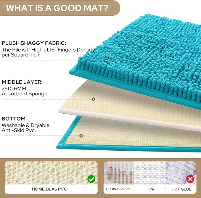 HOMEIDEAS 3 Pieces Bathroom Rugs, Extra Large Ultra Soft Non Slip Absorbent Chenille Toilet Bath Mat Set (Teal Blue)