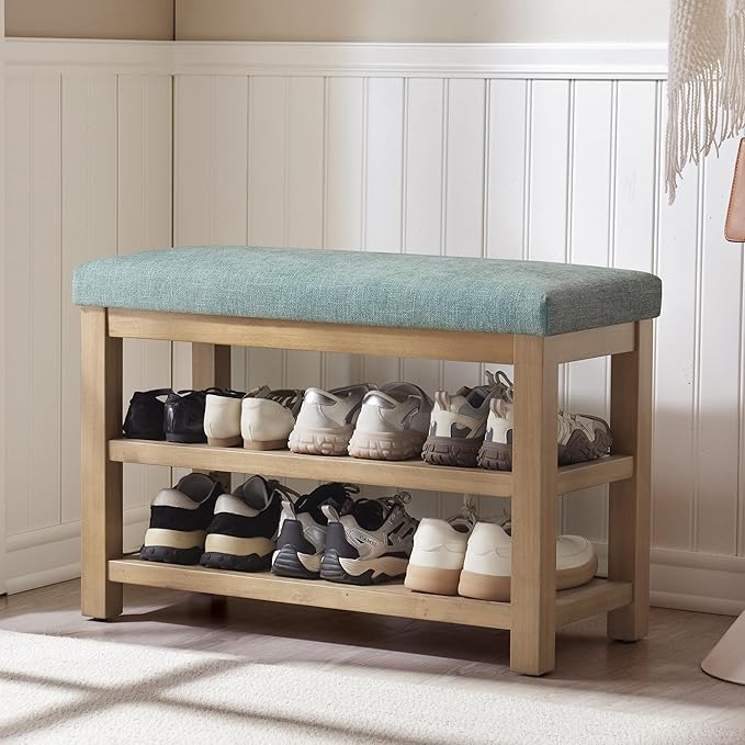 Zihanhome 2 Tier Shoe Rack Bench with Cushion, Solid Wood Shoe Benches, Mid-Century Modern Shoe Storage Bench for Entryway, Hallway, Living Room, Closet, Front Door Entrance, (Teal, 31.5")