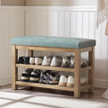 Zihanhome 2 Tier Shoe Rack Bench with Cushion, Solid Wood Shoe Benches, Mid-Century Modern Shoe Storage Bench for Entryway, Hallway, Living Room, Closet, Front Door Entrance, (Teal, 31.5")