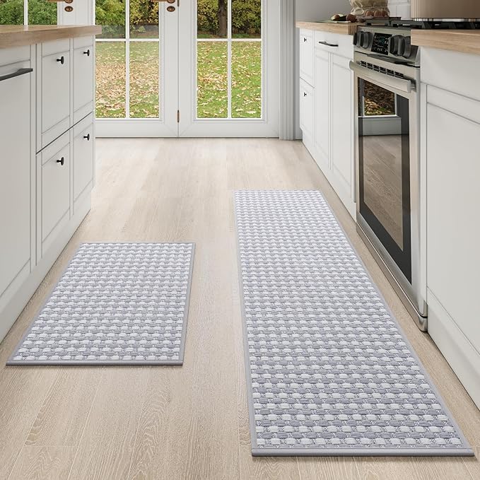 YDKGL Kitchen Mat Kitchen Rugs Sets of 2 PCS Non Slip Washable, Super Absorbent Soft Braided Kitchen Mats for Floor, Rubber Backing Comfort Standing Kitchen Sink Mat Runner Rug, Gray 17"x28"+17"x59"