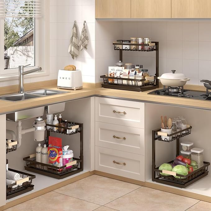 Sevenblue 2 Packs Under Sink Organizer, Height Adjustable 2 Tier Under Kitchen Sink Organizer, Multi-Purpose Storage Shelf for Kitchen Bathroom Cabinet (Brown, Extra Large)