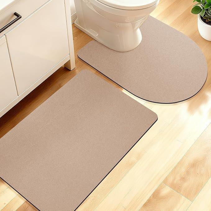 ACCUMTEK Non Slip Bath Mat, Thin Bathroom Rugs Fit Under Door, Quick Dry Bath Mats, Machine Washable Bath Rugs for Bathroom, Bathtub & Kitchen, Bathtub, Taupe/Solid/2 Piece